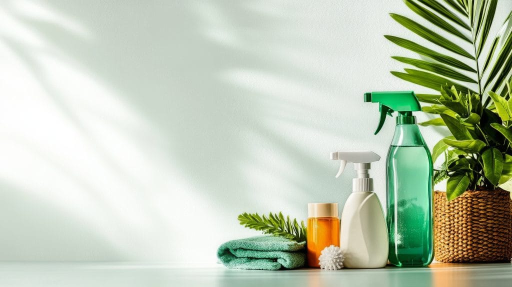 cleaning supplies arranged on a countertop with greenery in a bright, minimalistic space. cleaning supplies arranged on a countertop with greenery in a bright, minimalistic space.