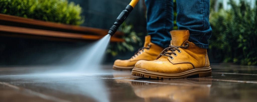 person power washing patio; boots, plants blur person power washing patio; boots, plants blur